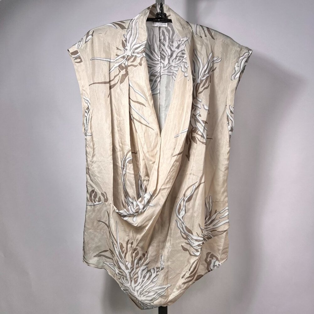 BRUNELLO CUCINELLI 100% Silk Marine Flower Pongee Wrap Top with Monili  M Italy